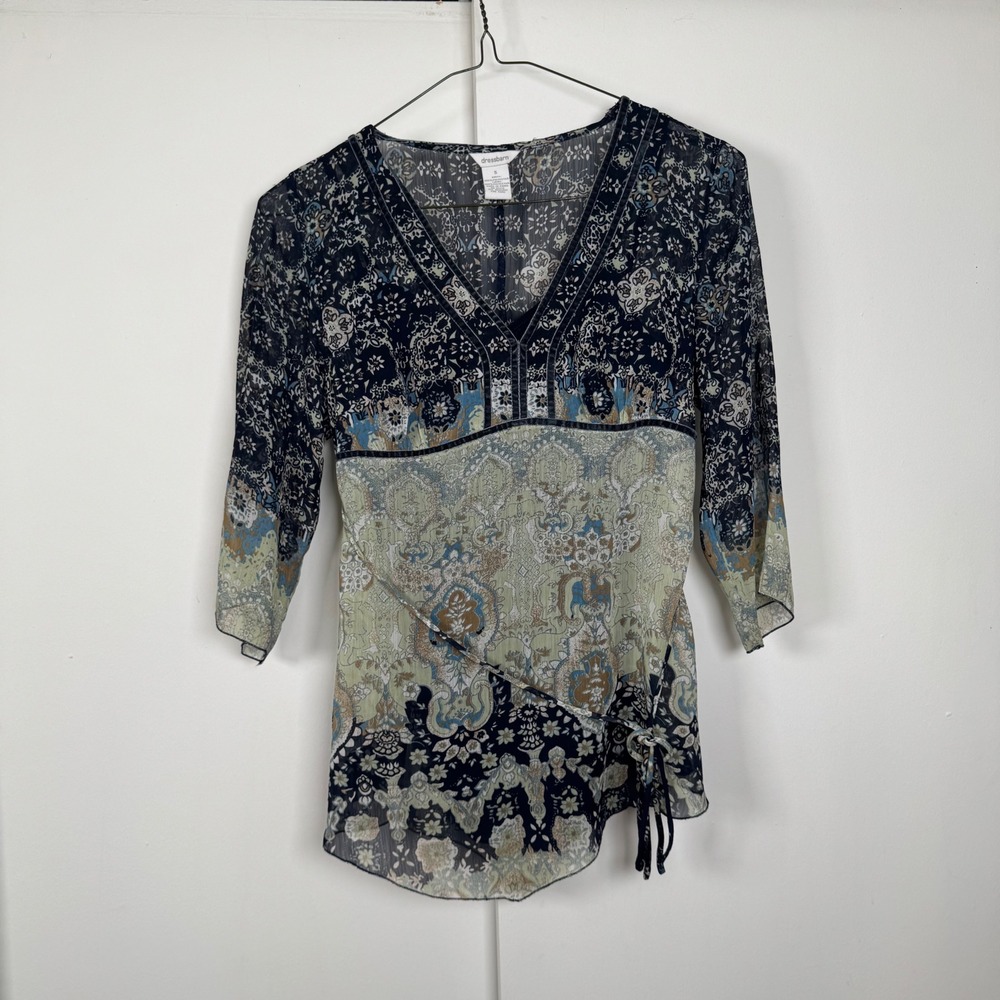 Dressbarn Women Blue Paisley Sheer V-Neck Blouse Velvet Trim Size S